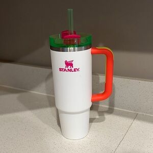 Stanley White Tumbler with Green Lid and Orange Handle